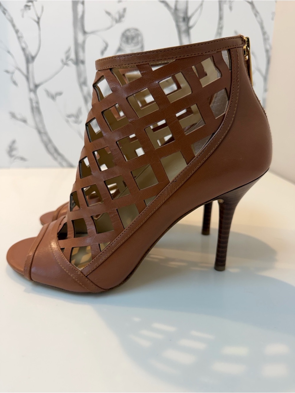 Michael Kors Brown Laser-Cut Leather Peep-Toe Stiletto Booties